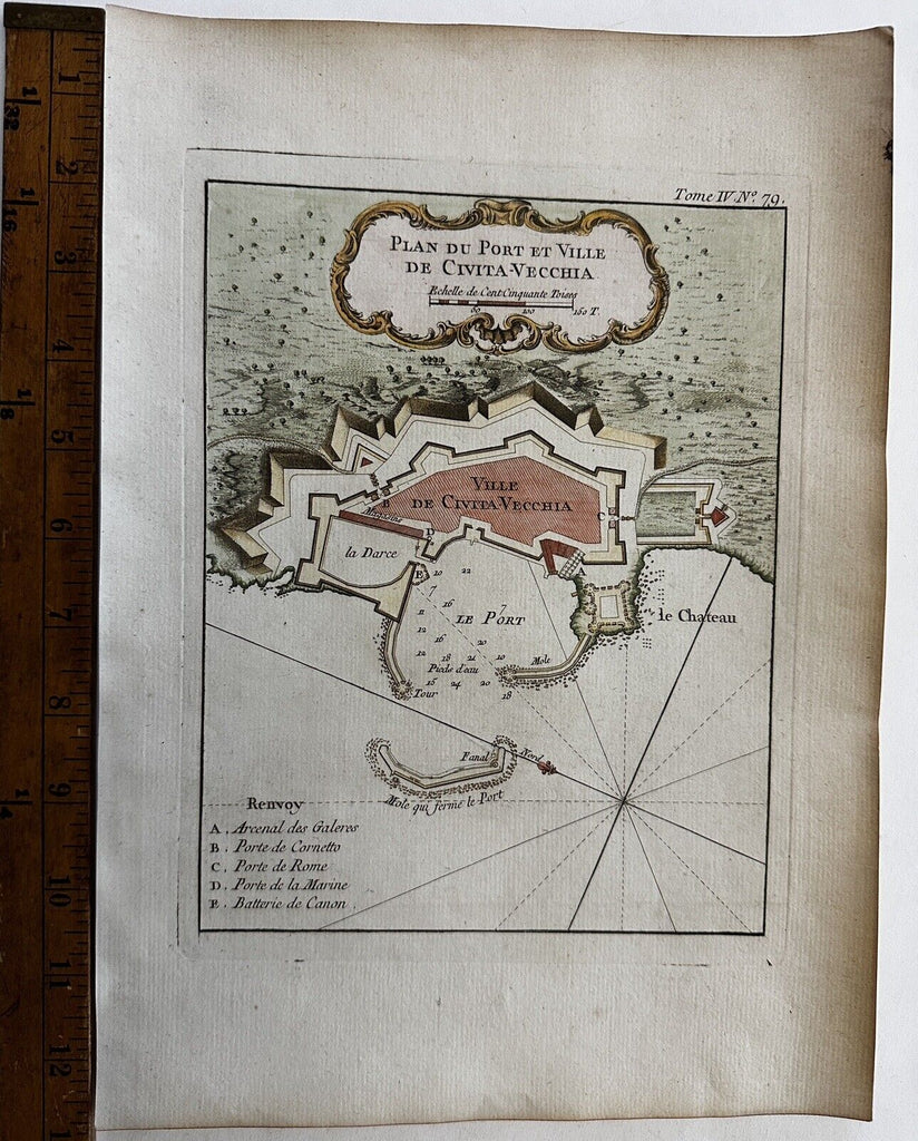 Italy north coast Civita-Vecchia harbor Mediterranean c.1760 Bellin antique map