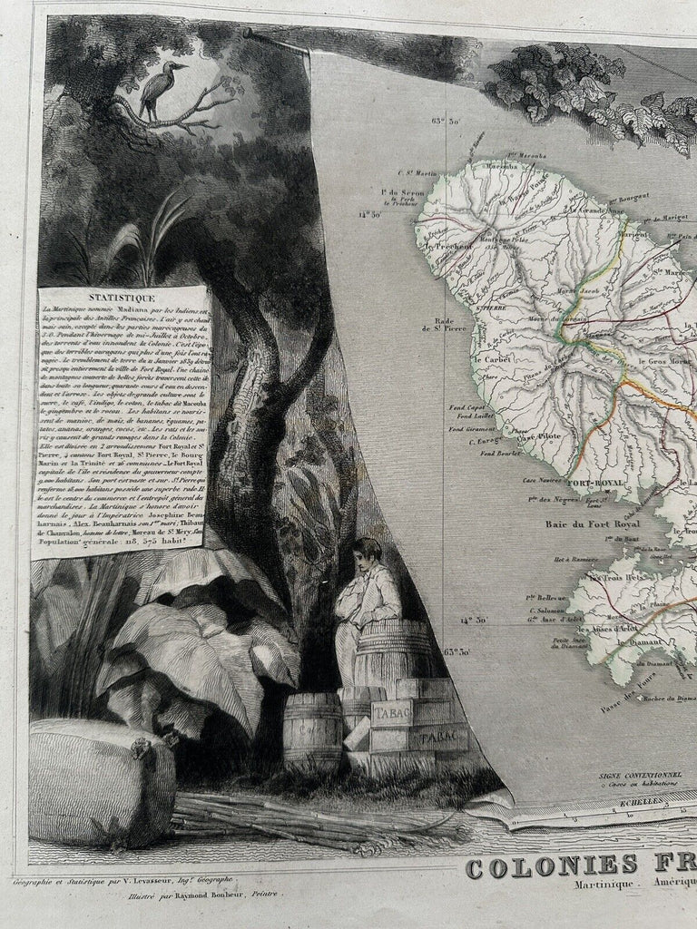 Caribbean island Martinique 1845 decorative pictorial vignettes antique map