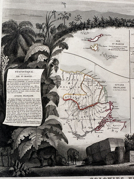 French Colonies in Americas Guyana 1845 lovely large decorative pictorial map