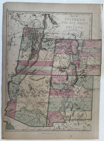 Territorial Utah Arizona New Mexico & Colorado 1873 JD Williams hand color map