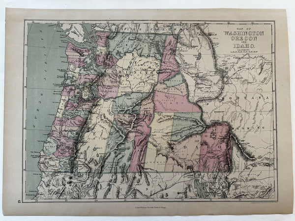 Territories Washington & Idaho Oregon 1873 scarce JD Williams hand colored map