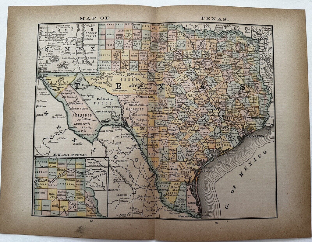 Texas c.1880 state by itself scarce color lithographed map census colored people