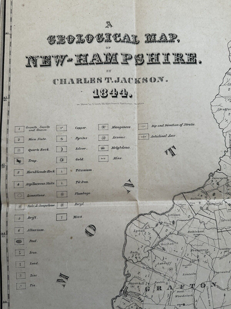 New Hampshire 1844 Geological large scarce map by Charles Jackson