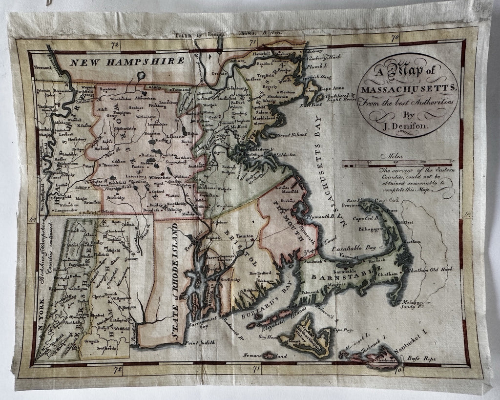 Massachusetts 1796 Denison & Samuel Hill rare early American hand colored map