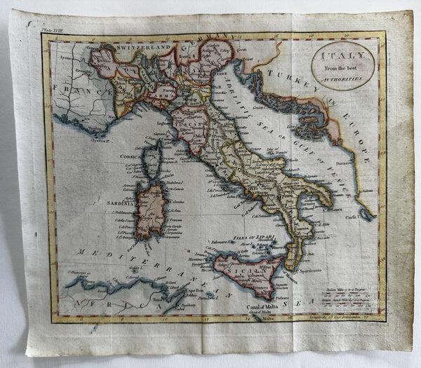 Italy Italia 1808 beautiful old engraved small map w/ fine hand coloring