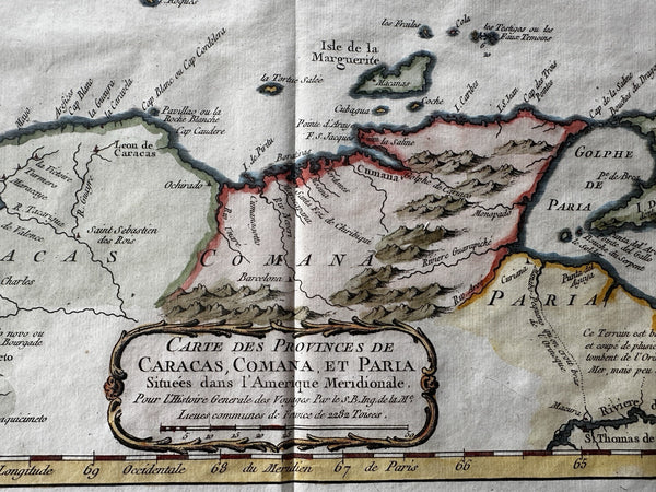 Venezuela coast Caracas Trinity Grenada 1754 Bellin antique hand colored map