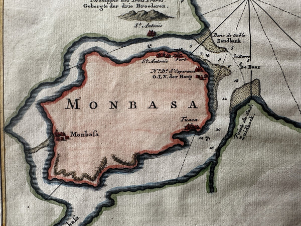 East Africa Mombassa island Kenya 1760-70 Dutch Bellin antique hand colored map