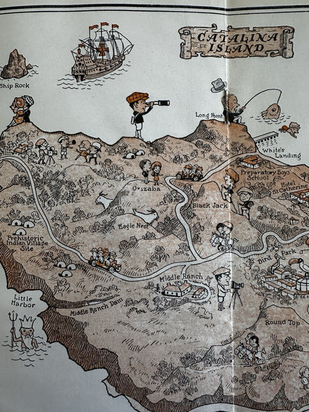 Catalina island California cartoon map c.1933 scarce tourist brochures steamship