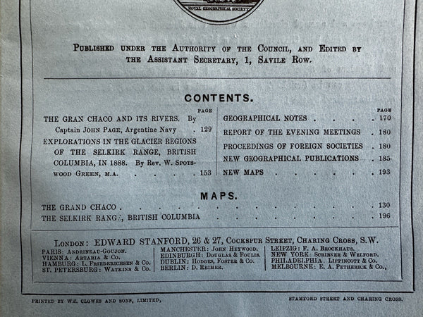 Canada BC Selkirk Mt. range explored Grand Chaco 1889 Royal Geog mag. fldg map