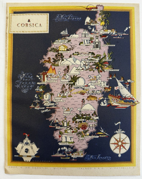 Corsica France Italia Italy 1941 charming color cartoon map Nicouline art