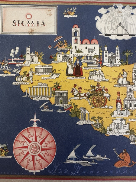 Sicily Sicilia Italia Italy 1941 charming color cartoon map Nicouline art