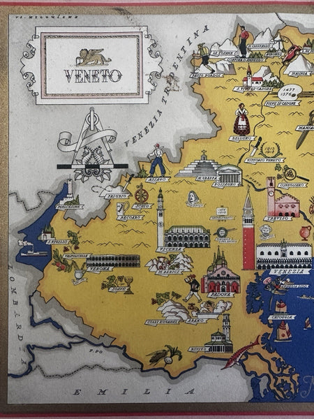 Veneto Venice Coast Italia Italy 1941 charming color cartoon map Nicouline art