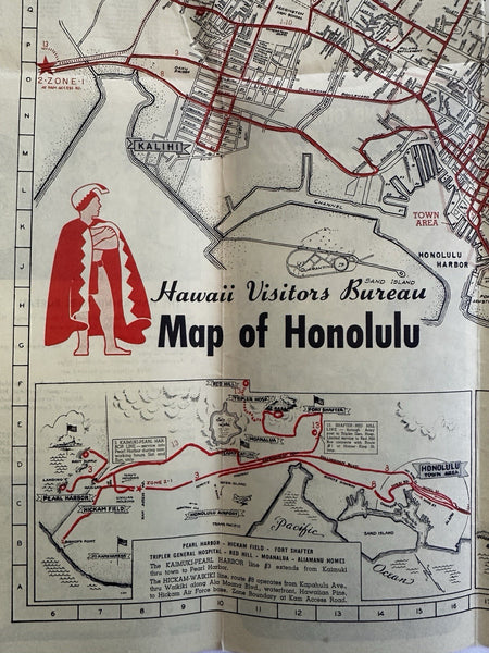 Honolulu Hawaii 1958 large detailed visitors map pictorial symbols inset plans