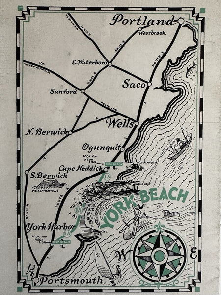 York Beach Maine 1930-40 tourist brochure picto-map panorama Short Sands Nubble