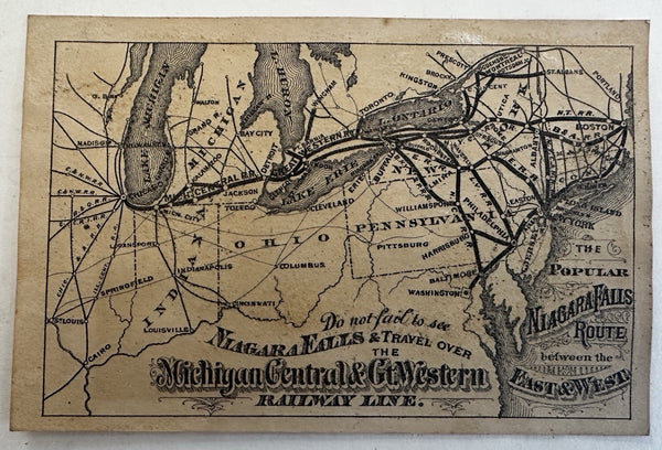 Cartographic RR map card c.1880’s Michigan Central & Gt. Western Railway Line
