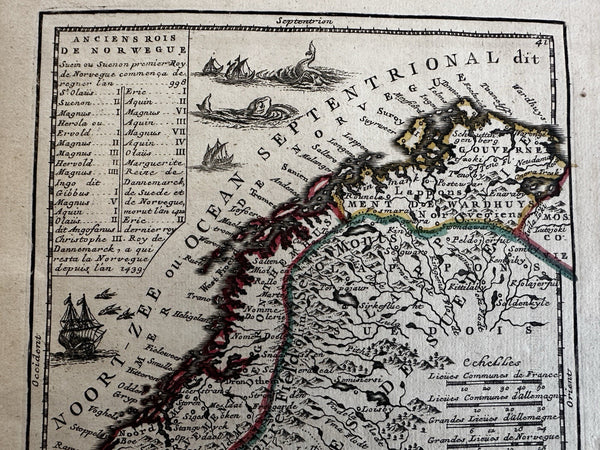 Norway sea monsters ship Scandinavia coast 1719 Chiquet attractive antique map