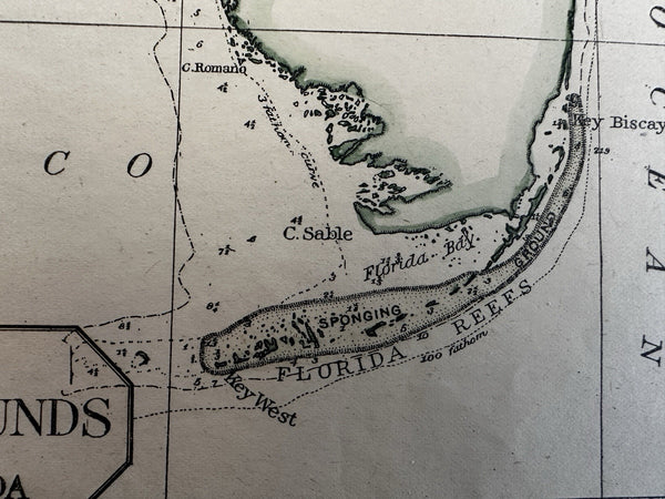 Florida Sponging Grounds map 1887 hand colored Key West Reefs west coast