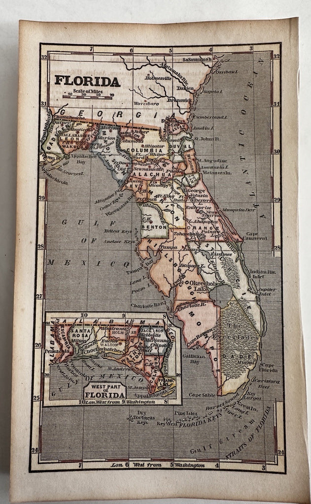 State of Florida around 1853 Ensign miniature hand colored map nice patina