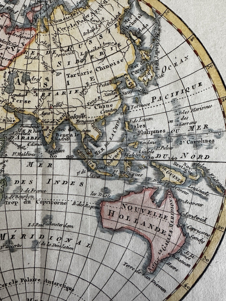 World in spheres 1828 w/ Australia attached van Diemen engraved hand colored map