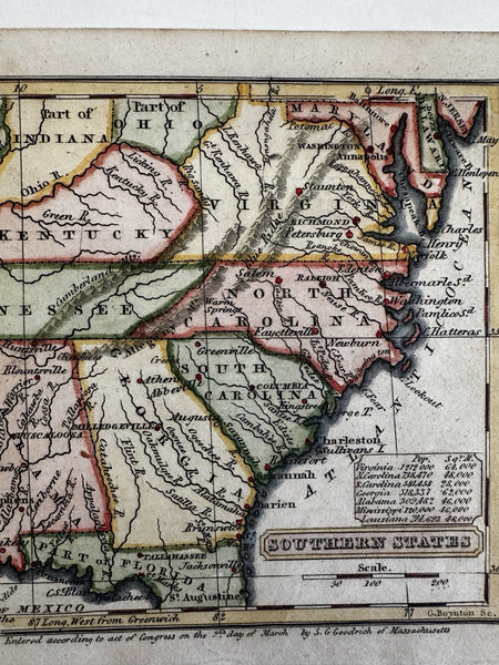 Southern states USA 1833 early populations engraved hand colored miniature map