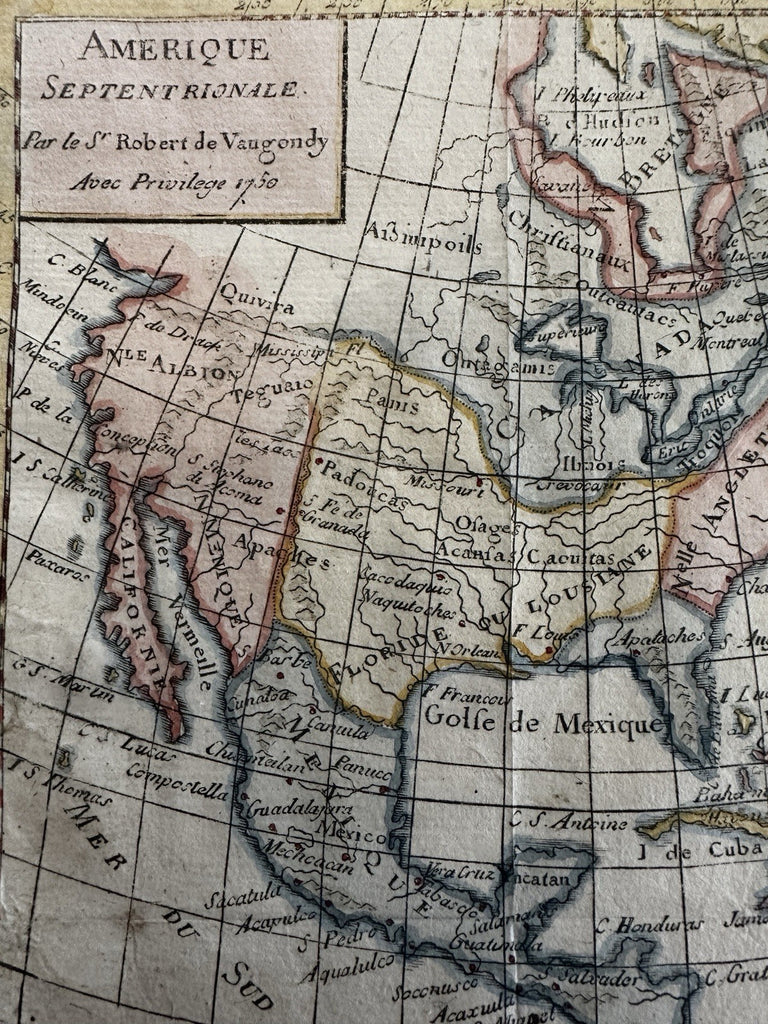 North America continent New Albion 1750 Vaugondy nice hand colored engraved map