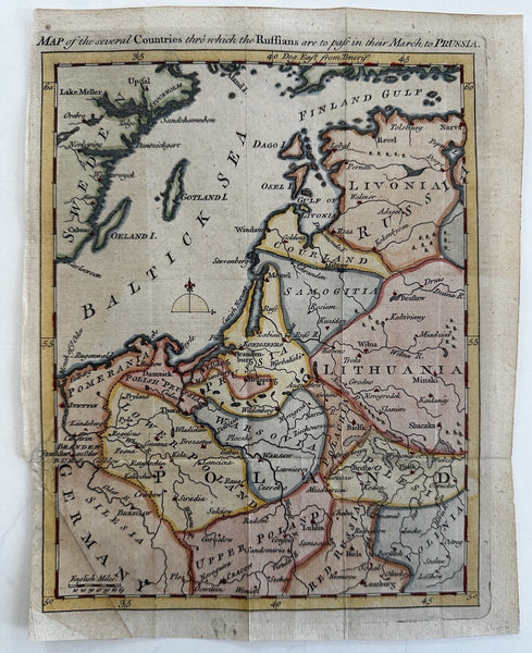 Poland Baltic Sea Livonia Lithuania Courland Finland 1757 rare hand color map