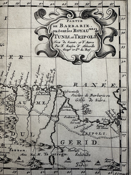 Barbary coast North Africa Tripoli Tunis 1699 Sanson antique map cartouche title
