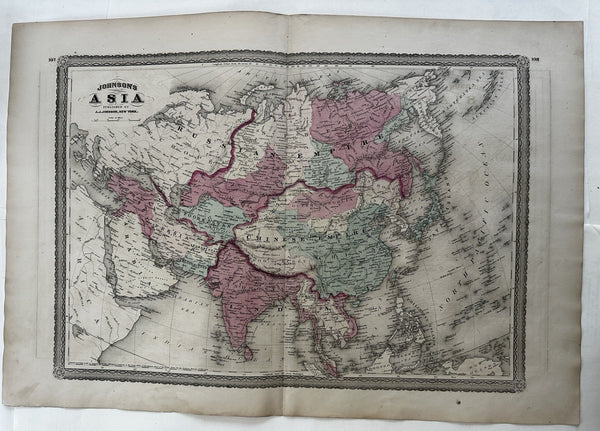 Asia Arabia to China Japan SE Asia Russia  1870 Johnson large hand colored map