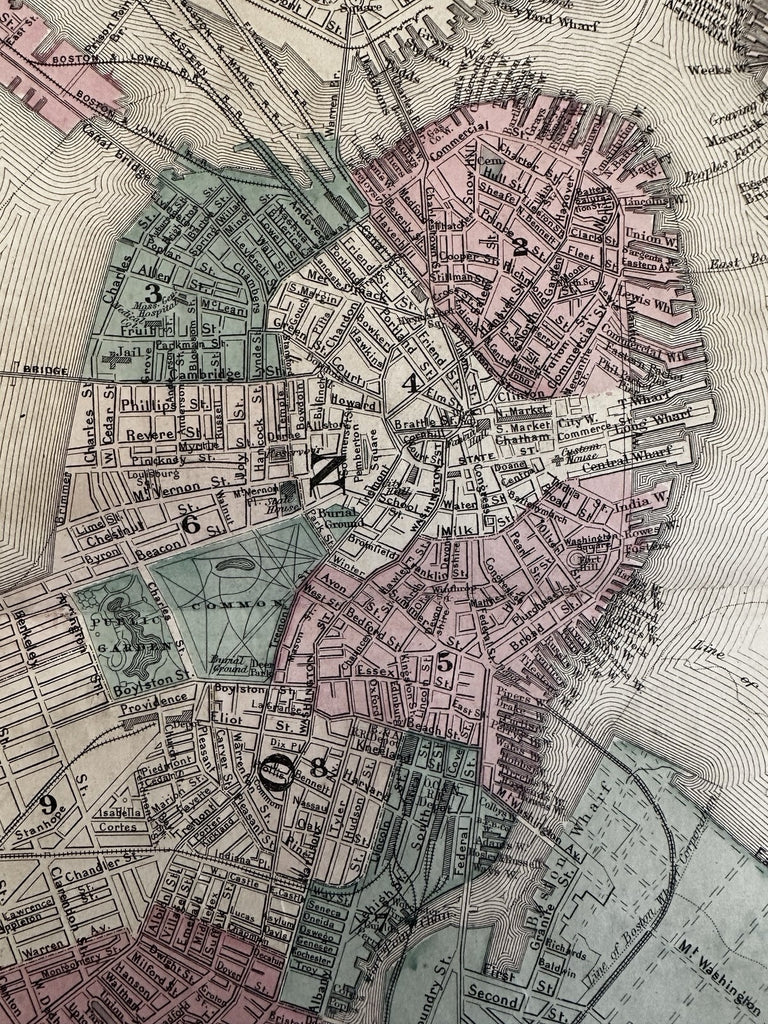 Boston city plan Massachusetts 1870 Johnson large hand colored map