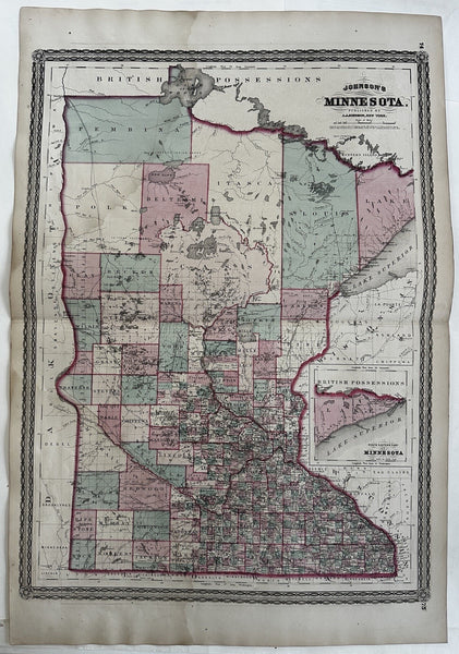 Minnesota early state map 1870 Johnson large hand colored folio map