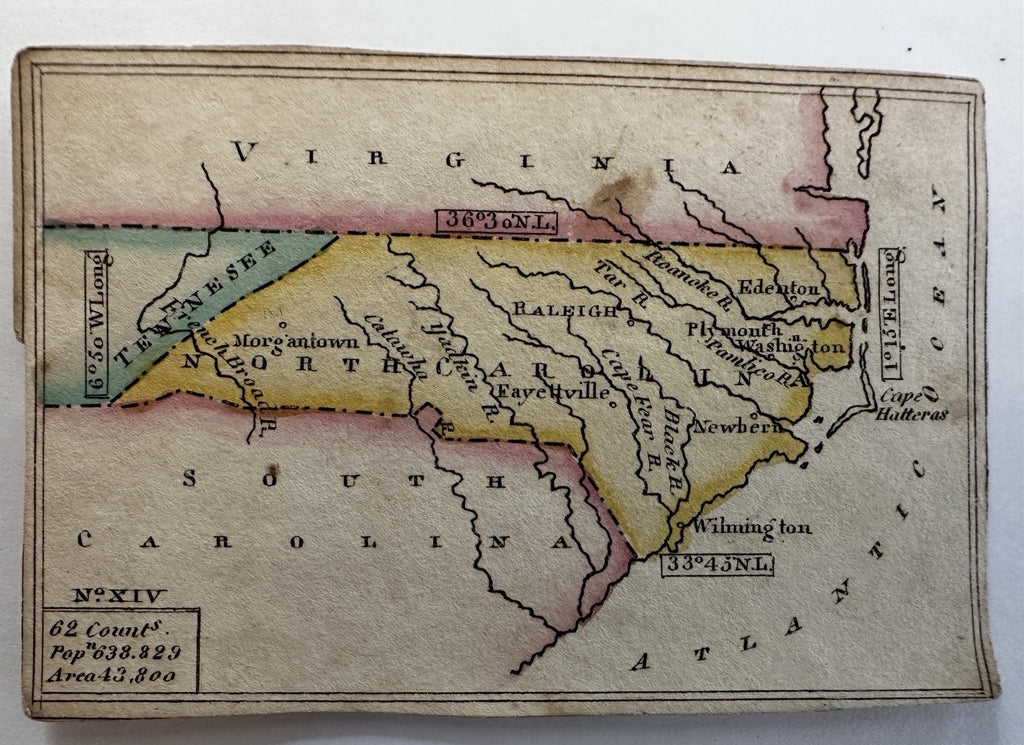 North Carolina c.1820-24 rare Melish miniature state map original hand color