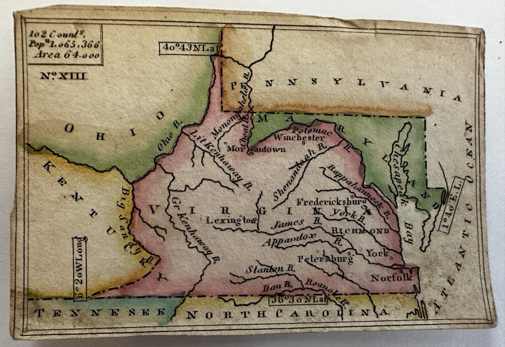 Virginia c.1820-24 rare Melish miniature state map original hand color