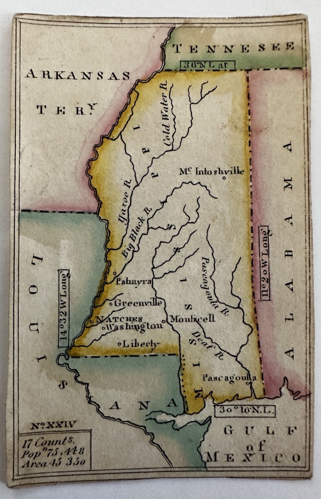 Mississippi state c.1821-24 rare Melish miniature state map original hand color