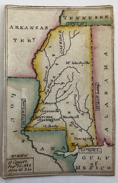 Mississippi state c.1821-24 rare Melish miniature state map original hand color