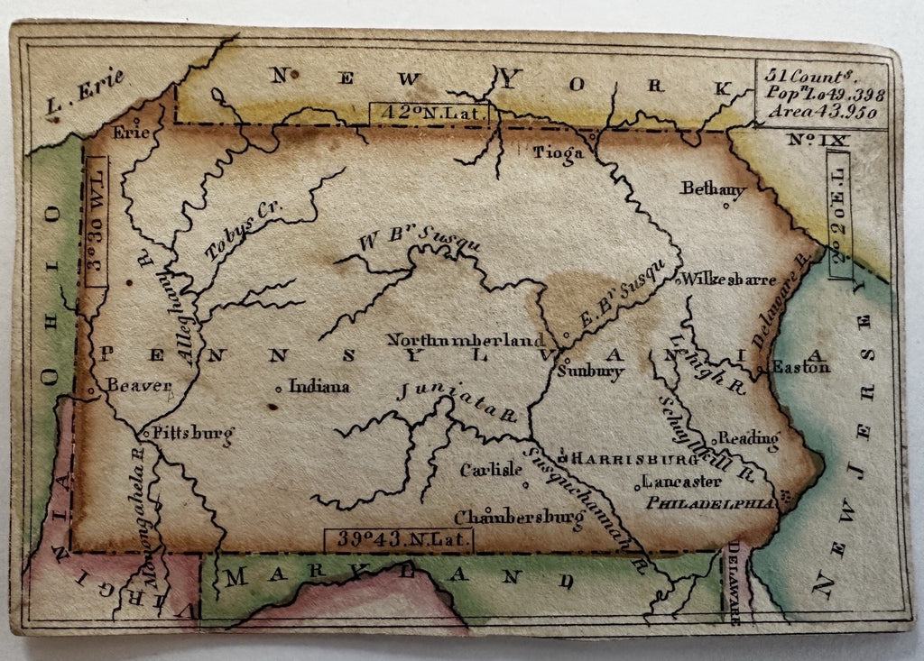 Pennsylvania state c.1821-24 rare Melish miniature state map original hand color