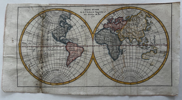 World in hemispheres 1750 Vaugondy nice hand colored engraved map Australia