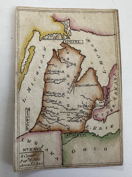 Michigan Territory c.1820-24 rare Melish miniature state map original hand color