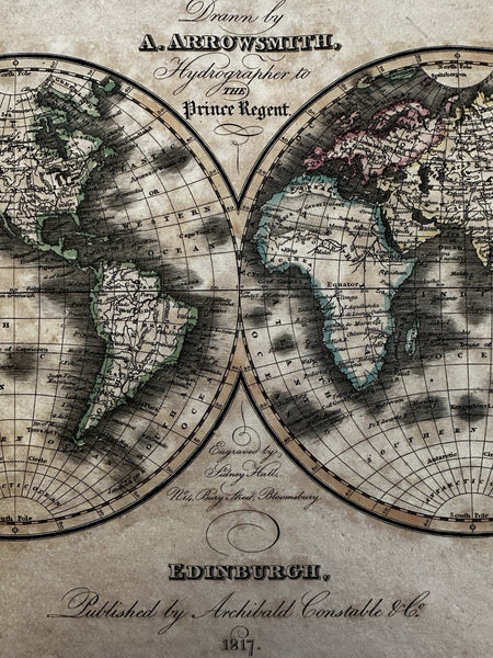 World in hemispheres 1817 Arrowsmith & Hall uncommon engraved hand color map