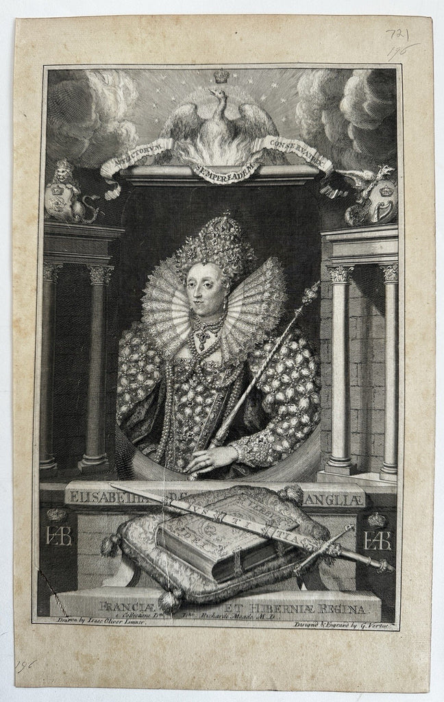 Elisabeth Queen of England sword book 1740’s scarce G. Vertue engraved portrait