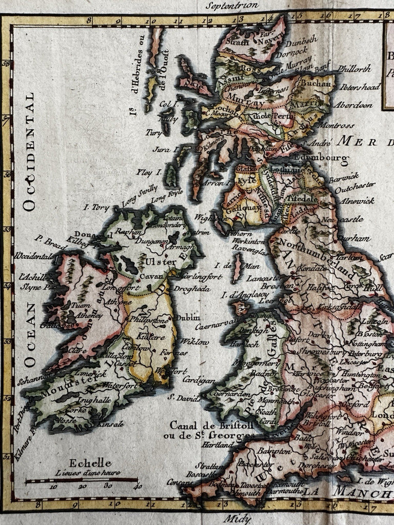 British Isles Ireland England Isles 1750 Vaugondy hand colored miniature map