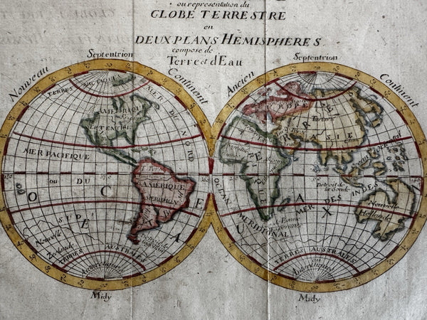 World in hemispheres fascinating 1690’s? miniature engraved hand colored map