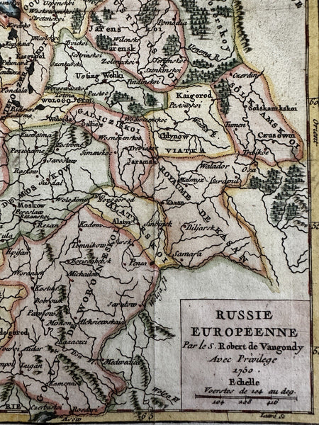 Russia in Europe 1750 Vaugondy engraved hand colored miniature map variant