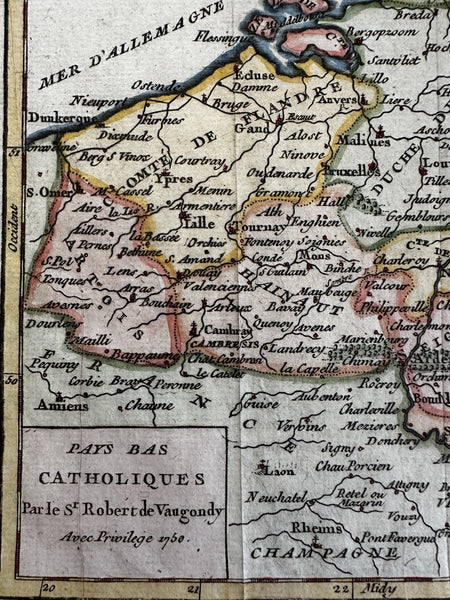 Catholic Low Countries Pays Bas Belgium 1750 Vaugondy engraved hand colored map