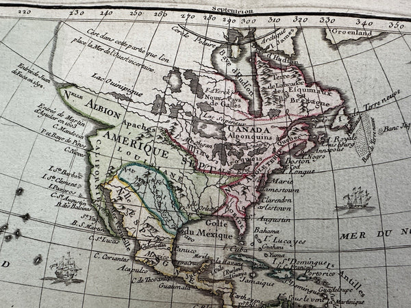 strange North & South America 1764 decorative Desnos map cartouche sailing ships