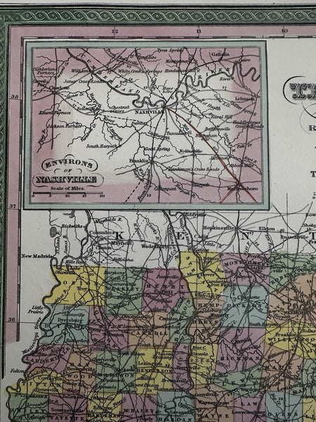 Tennessee state 1855 Cowperthwait hand colored early map steamboat routes shown