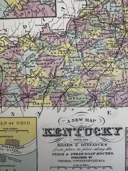 Kentucky state 1855 Cowperthwait hand colored map showing steamboat routes