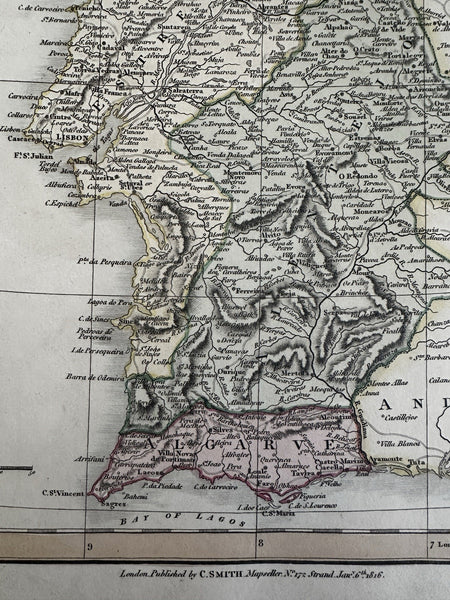 Portugal by itself 1816 C. Smith scarce gorgeous Europe hand colored map