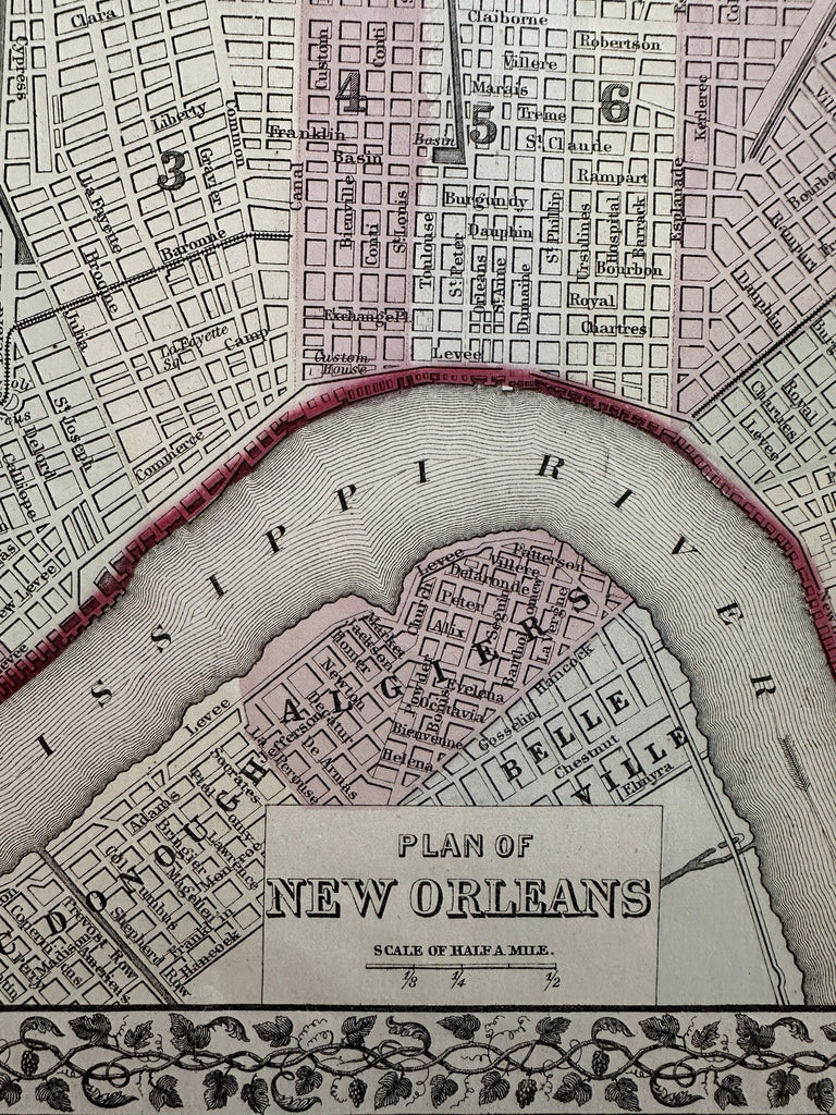 New Orleans city plan Louisiana 1874 Mitchell hand colored nice decorative map