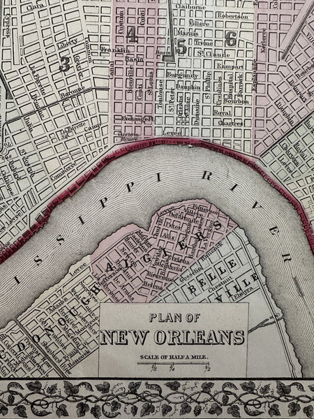 New Orleans city plan Louisiana 1874 Mitchell hand colored nice decorative map