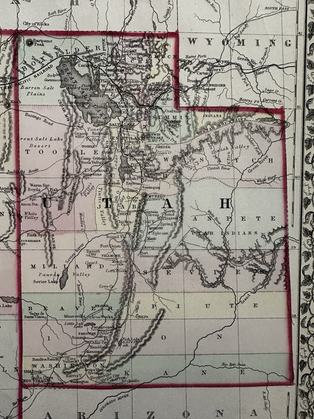 Utah & Nevada early counties wagon routes 1874 Mitchell hand colored nice map